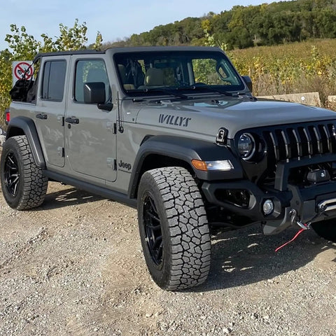 Grey Jeep Wrangler with 13 Inch Stubby Jeep Wrangler Antenna For JL JK Gladiator JT 2007 Through 2026 Low Profile Off Road Antenna