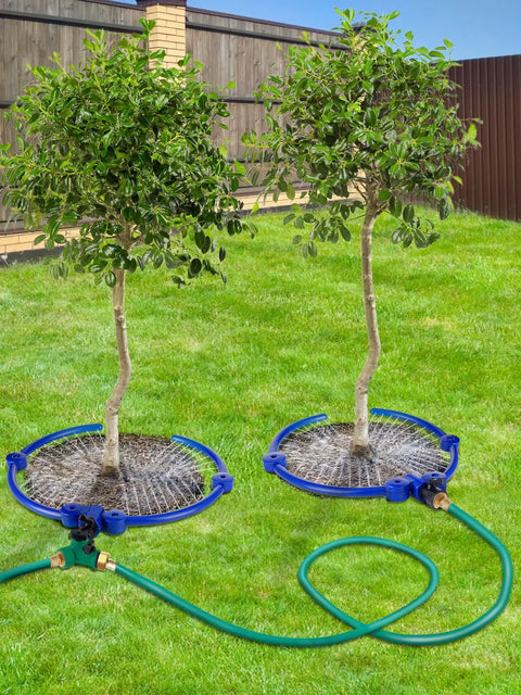 Two Pack 360 Degree Tree Water Sprinkler Ring Kit Adjustable Root Irrigation With Y Hose Splitters around two trees