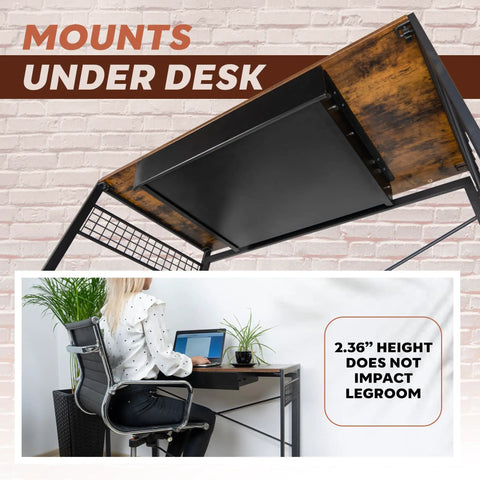 Built Like a Tank Heavy Duty Under Desk Drawer Slide Out mounted under a desk, showing smooth slide and ample legroom.