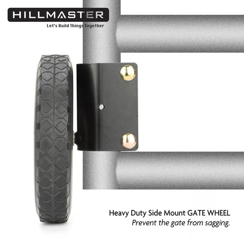 Heavy Duty 8 Inch Gate Wheel Caster Kit For One And Five Eighths To Two Inch Frames, side view of wheel on metal gate frame
