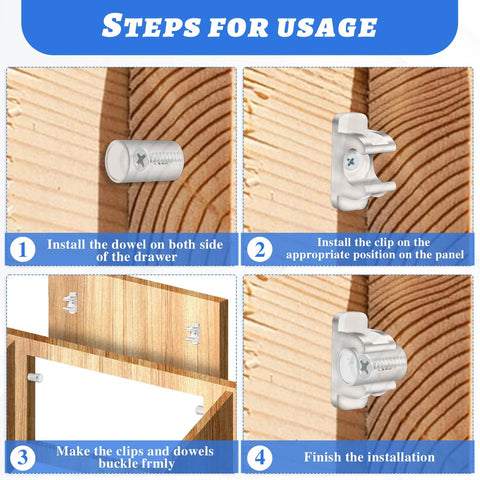 Installation steps for 10 Pairs False Drawer Front Clips With Screws For Cabinet Installations, showing clips and blocks on wood.