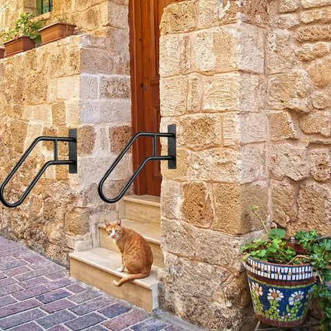 Solid As A Rock Matte Black Outdoor Handrail For One To Three Step Stairs Heavy Wall Mounted Grab Bar With Full Hardware Kit next to stone steps.