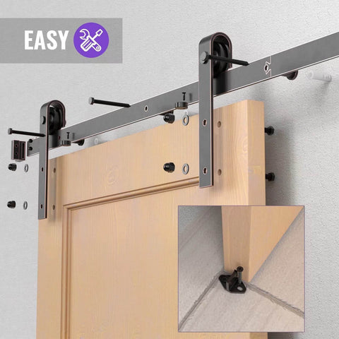 Oil Rubbed Bronze Sliding Barn Door Hardware Kit With 8 Foot Track In Brushed Antique Bronze Finish installed above door