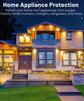 Illuminated modern home emphasizing protection from surges for appliances like inverters and chargers at night.