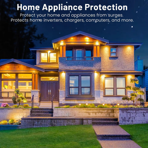 Illuminated modern home emphasizing protection from surges for appliances like inverters and chargers at night.