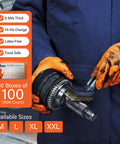 Orange disposable mechanic gloves, 6-mil latex-free with raised diamond grip, close-up on hands of worker in blue coveralls.