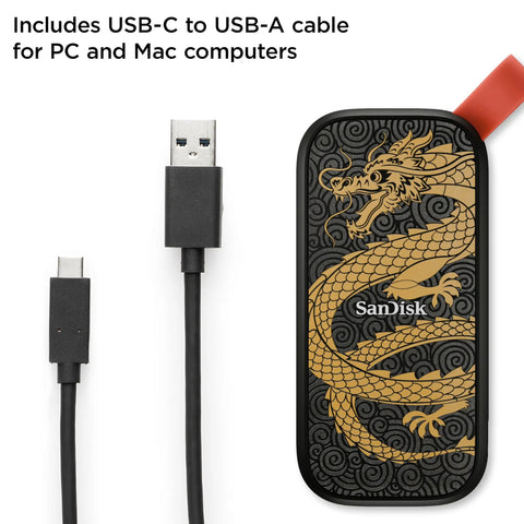 Dragon Edition 1TB Portable SSD With USB C And USB 3.2 Gen 2 Up To 800 MBps For Fast Grab And Go Backups, includes USB cables.