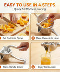 Step-by-step guide using Heavy Duty Manual Lime Squeezer For Lemons Oranges & Grapefruits Large Citrus Juicer Press Tool.