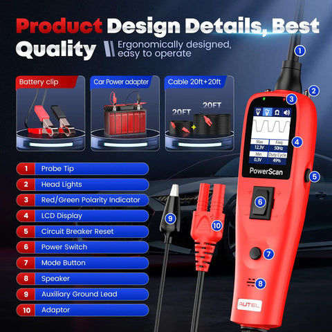 All-In-One Power Circuit Tester Kit For Cars 12-24V Automotive Electrical Probe With Short Finder Pro-Grade AC DC Current And Resistance Duty Cycle Meter 20 Foot Extension Cord Works On 99 Percent Of Cars