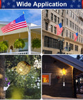 Flags mounted using Flag Pole Holder Outdoor Mount For House Flag Poles Built Tough Aluminum Alloy Bracket Rust Free Adjustable Multi Position 1 Inch White Weatherproof Exterior Flag Pole Bracket in various locations.