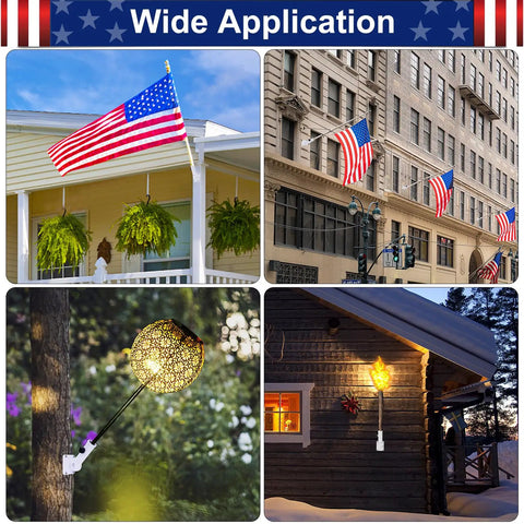 Flags mounted using Flag Pole Holder Outdoor Mount For House Flag Poles Built Tough Aluminum Alloy Bracket Rust Free Adjustable Multi Position 1 Inch White Weatherproof Exterior Flag Pole Bracket in various locations.