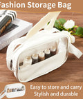 Clear fashion storage bag with zipper, showcasing organized spools of thread on a wooden table and magazines.