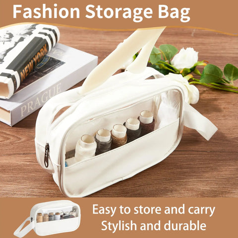 Clear fashion storage bag with zipper, showcasing organized spools of thread on a wooden table and magazines.