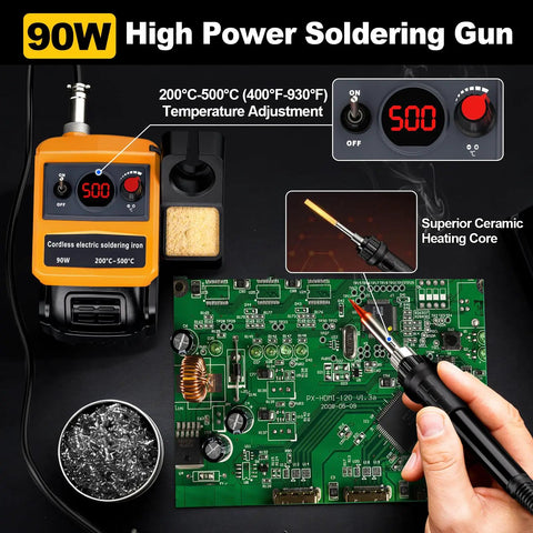 Cordless Soldering Iron Kit With 90W Digital LED Display Compatible With 20V 60V Flex Batteries in use on circuit board