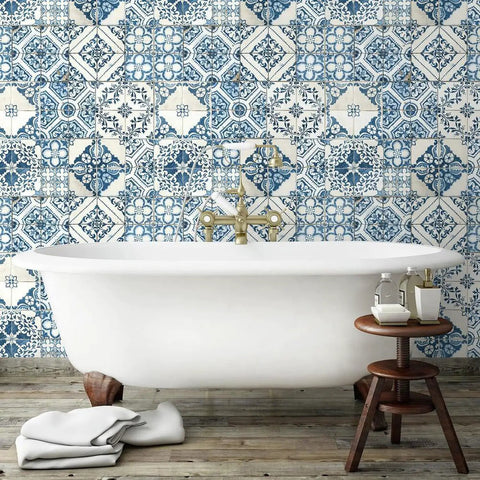 Blue Mediterranean Tile Peel And Stick Wallpaper No Mess No Water No Fuss Removable And Repositionable Washable Thick Self Adhesive Wall Covering 20.5 Inches By 16.5 Feet For Easy Diy Accent Walls behind bathtub