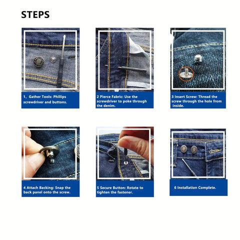 Installation steps for No Sew 17 Mm Metal Jeans Button Replacement Kit 12 Pack with Flat Back Clip On Design for denim repair.
