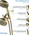 High Pressure Dual Shower Head With Handheld, 6x6 Spray Modes Shower Head Combo, Polished Gold Finish, product features display