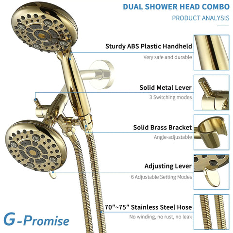 High Pressure Dual Shower Head With Handheld, 6x6 Spray Modes Shower Head Combo, Polished Gold Finish, product features display