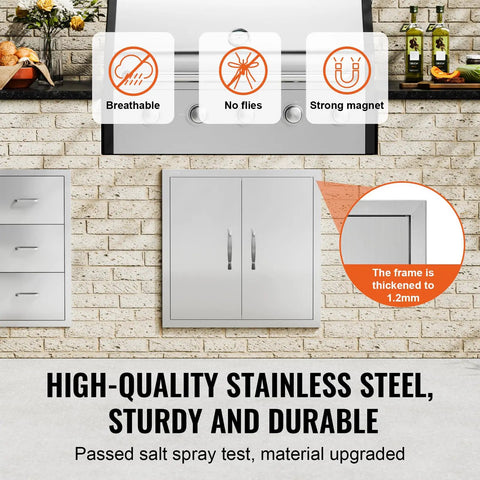 BBQ Access Door For Outdoor Kitchen Island 24W X 24H Inch Stainless Steel Flush Mount Door With Double Wall Vertical Handles And Hooks
