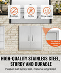 Close-up of Double Door BBQ Access Door 24x24 inch in brushed stainless steel for outdoor kitchen, weather-resistant feature highlighted.