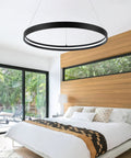 Black One Ring LED Chandelier Dimmable Modern Pendant Light for Living Room Kitchen Island Dining Room Foyer Office Entryway 51.8 Inch Adjustable Wire 6000K Cool White Contemporary Lighting in bedroom