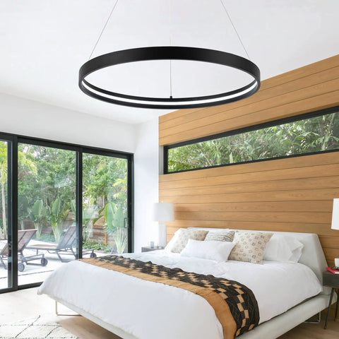 Black One Ring LED Chandelier Dimmable Modern Pendant Light for Living Room Kitchen Island Dining Room Foyer Office Entryway 51.8 Inch Adjustable Wire 6000K Cool White Contemporary Lighting in bedroom