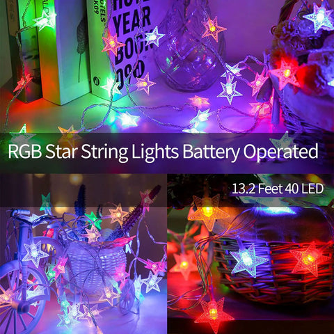 Star Shaped String Lights Battery Powered 13ft 40LED Fairy Lights With Timer In Multicolor For Kids Bedroom Decor Christmas Wedding Party 8 Lighting Modes Gift