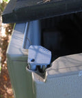 Hella Tough Steel Core Left Replacement Hinge For 6X5 Resin Shed Door Slide Lid Heavy Duty Upgraded Metal Reinforced 3T16 Compatible Hardware Bundle close-up on shed lid.