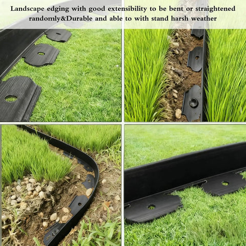 Flexible 33 Foot Garden Edging Border With 50 Spikes 4 Inch Lawn Border shown installed along grass and soil paths for gardens.