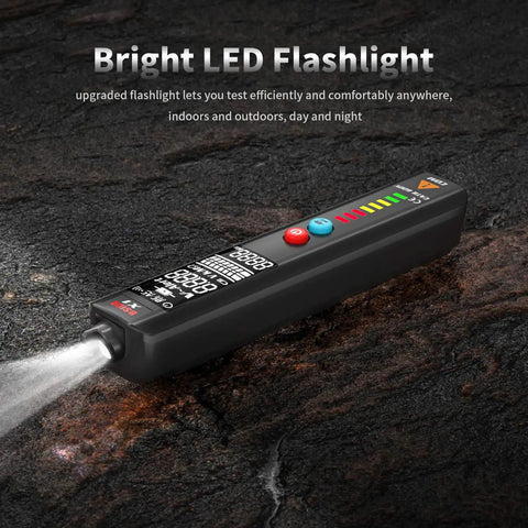Rechargeable Multimeter And Voltage Tester Kit With Color LCD Display shown with bright LED flashlight feature