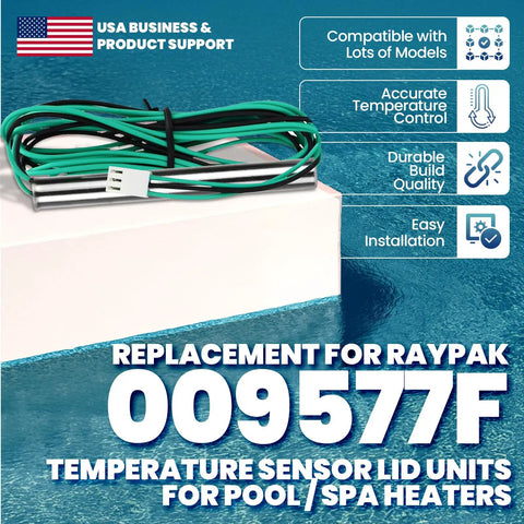 Replacement Temperature Sensor IID 009577F for Pool and Spa Heaters with USA support on white box near pool.