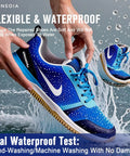 Image showing a hand holding a blue sneaker over water, highlighting the Heavy Duty Shoe Glue Repair Kit With 15ML X2 Adhesives, Waterproof.
