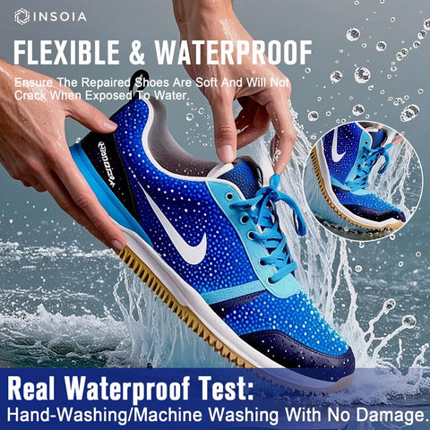 Image showing a hand holding a blue sneaker over water, highlighting the Heavy Duty Shoe Glue Repair Kit With 15ML X2 Adhesives, Waterproof.