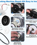 Real Deal GE Washing Machine Repair Kit Featuring Transmission Pulley Push Nut Shift Actuator Drive Belt Clutch And Coil Spring, parts in detail.