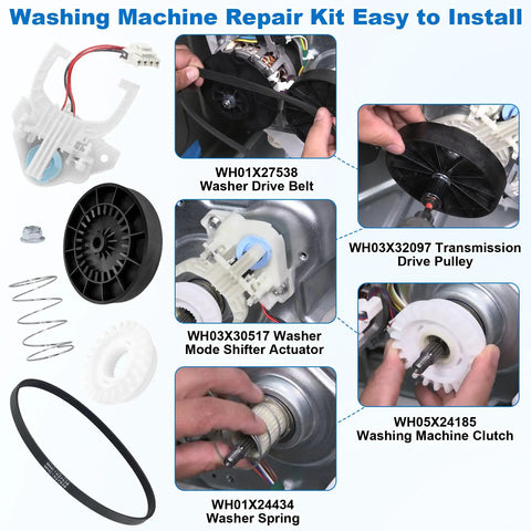 Real Deal GE Washing Machine Repair Kit Featuring Transmission Pulley Push Nut Shift Actuator Drive Belt Clutch And Coil Spring, parts in detail.