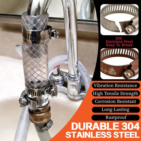 Pro Grade Heavy Duty Hose Clamps Kit With 185 Piece Set attached to faucet demonstrating durability.