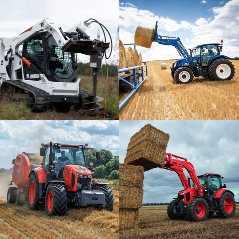 Universal 3/4 in SAE skid steer quick-connect couplers with dust caps; collage shows Bobcat, tractors and bale loader.