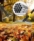 Go To Adjustable Metal Leaf Rake With Wide And Narrow Modes, Pro Grade Heavy Duty Garden Rake on fall leaves