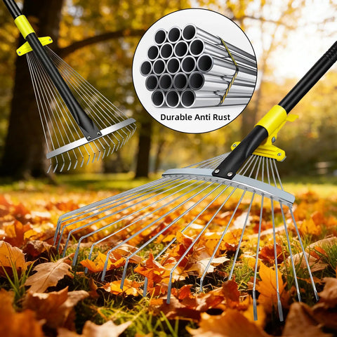 Go To Adjustable Metal Leaf Rake With Wide And Narrow Modes, Pro Grade Heavy Duty Garden Rake on fall leaves