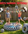 Checkered Race Car Inflatable Pool Toy Set, Includes 2 Oversized 22.8 Inch Swim Rings And 6 Large 16 Inch Beach Balls
