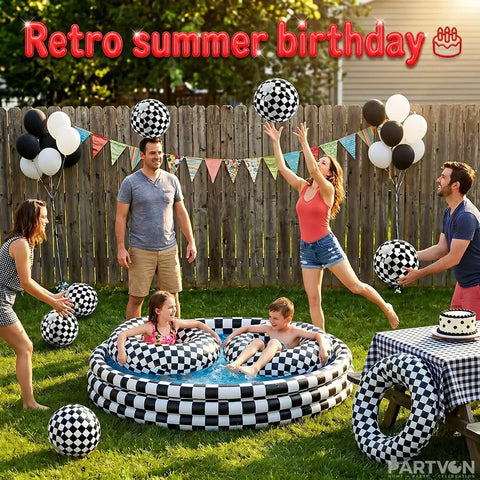 Checkered Race Car Inflatable Pool Toy Set, Includes 2 Oversized 22.8 Inch Swim Rings And 6 Large 16 Inch Beach Balls