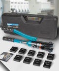 Portable Hydraulic Crimping Tool 8 AWG To 40 AWG With 9 Die Sets For Cable Lugs And Battery Wires, case in background.