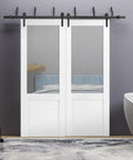White Barn Style Sliding Doors Set For Interior Use With Clear Glass And Solid Wood Panels 84 By 96 Inches in a modern room