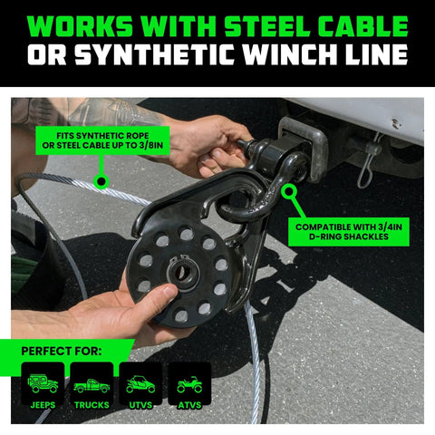 Heavy Duty Snatch Block For Winch Recovery 13.5 Ton Pulley With Aerospace Polymer Sheave And Powder Coated Drop Forged Steel Frame Built Tough For Synthetic Rope And Steel Cable Up To Three Eighths Inch American Owned Family Operated, shown with winch line and D-ring shackle