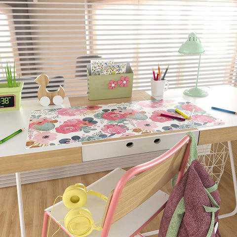 Large Pink Floral Desk Pad For Computer And Gaming Setup 31.5 Inch By 15.7 Inch Waterproof PU Leather Extended Mouse Mat