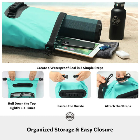 Waterproof Dry Backpack With Phone Case Large Floating Dry Bag For Kayaking Travel Hiking Fishing Camping And Beach Gear 5L To 55L Heavy Duty Roll Top Teal on sand with storage items visible