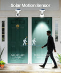 Solar Motion Sensor Lights Outdoor Aluminum Flood Light illuminating entryway with motion detection symbol