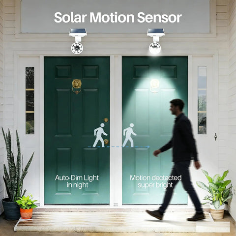 Solar Motion Sensor Lights Outdoor Aluminum Flood Light illuminating entryway with motion detection symbol