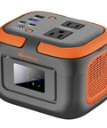 Portable Power Station 120W With 97.6Wh Battery AC Outlet USB C And USB A Ports 12V DC in orange and gray, front view