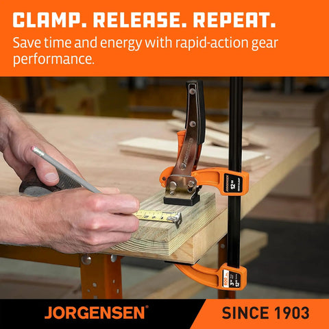 12 Inch Quick Release Bar Clamp Set For Woodworking, Ratcheting Gear Clamp With 600 Pound Load, Heavy Duty 2 Pack For Fast Secure Joints And Minimal Slippage on wood board